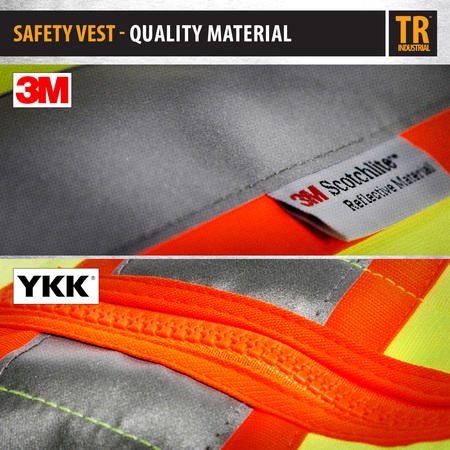 Tr Industrial Class 2 Safety Vest with Pockets and Zipper Closure, 3M Strips, XL TR88055-3M-XL